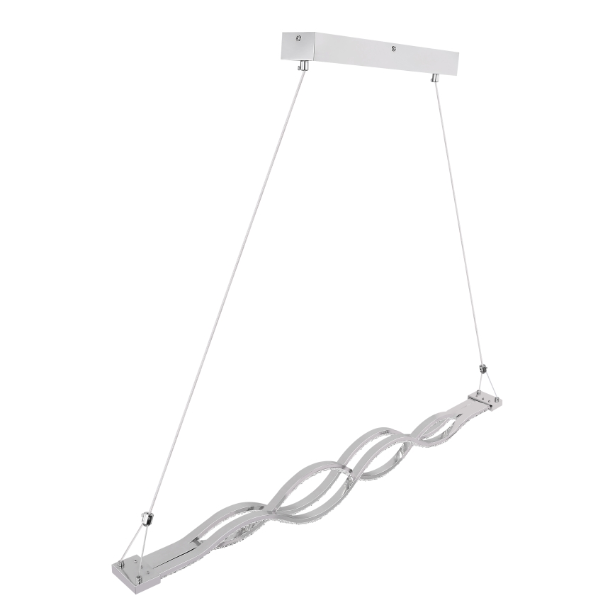 Závesné svietidlo s vlnovitým tvarom visí z kovovej lišty na dvoch tenkých kábloch. Svietidlo je striebornej farby.