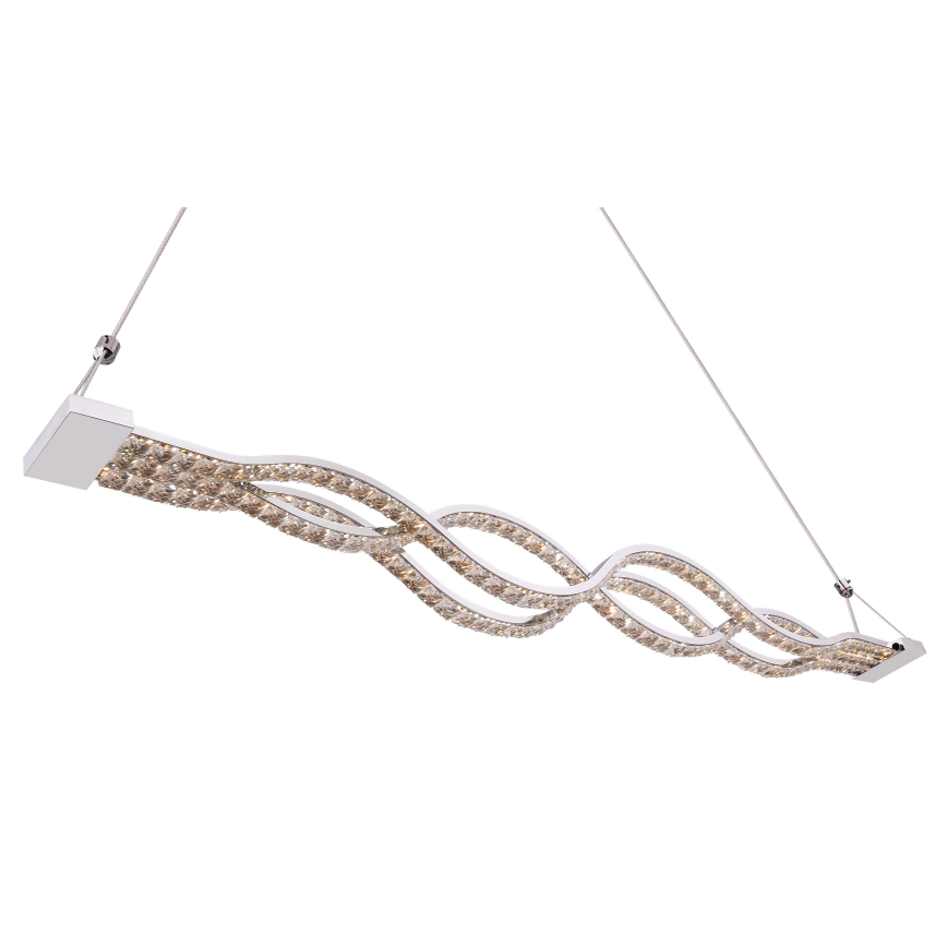 Dvojité vlnité LED svietidlo visí zo stropu. Svietidlo je zdobené kryštálmi. Je vyrobené z chrómového kovu.