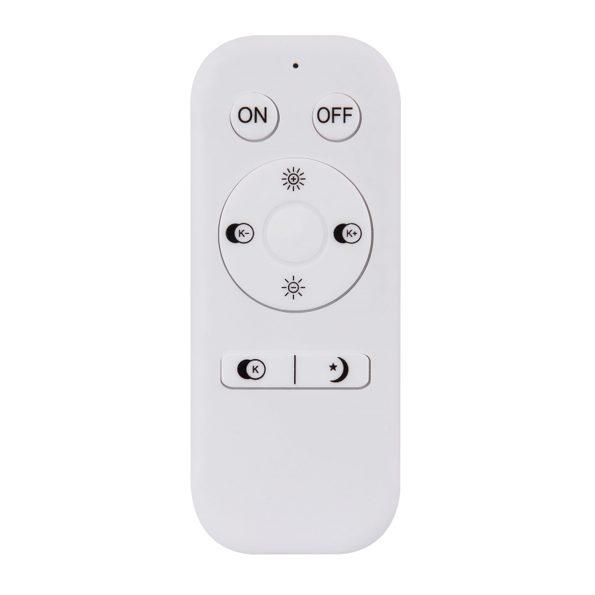 Diaľkový ovládač ovláda svetlo; zapína a vypína ho, reguluje jas a farbu. Na bielom ovládači sú tlačidlá ON, OFF a symboly pre nastavenie jasu a teploty farieb.