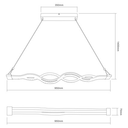 Závesné svietidlo s vlnovitým tvarom visí zo stropu na dvoch kábloch. Rozmery: 950mm x 1400mm x 350mm. Detailný pohľad zobrazuje 70mm výšku.