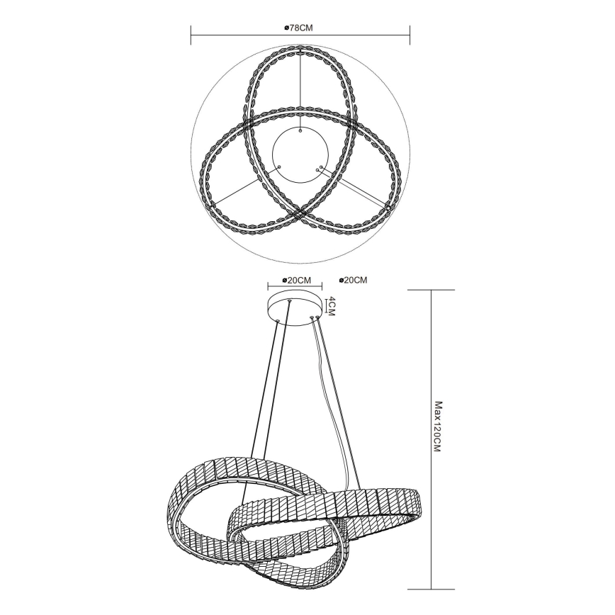 Závesné svietidlo s prepleteným kruhovým dizajnom visí zo stropu. Priemer svietidla je 78 cm, výška je maximálne 120 cm. Svietidlo má tri prepletené kruhy osvetlené LED diódami. Rozmery stropnej časti sú 20 cm x 20 cm x 4 cm.
