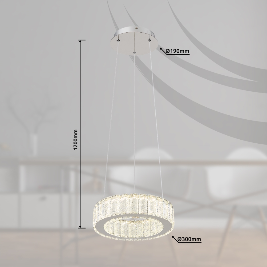 Lampa visí zo stropu. Je kruhového tvaru, zložená z dvoch koncentrických krúžkov osvetlených LED diódami. Rozmery: priemer spodného krúžku 300 mm, priemer horného prvku 190 mm, výška 1200 mm.