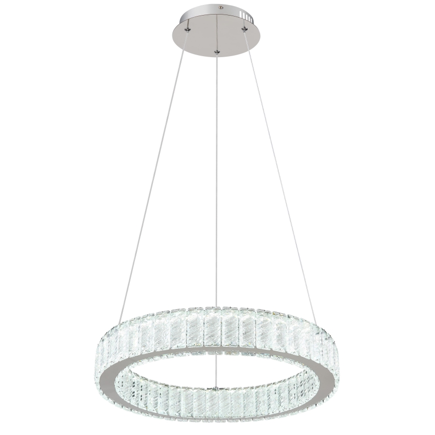 Kruhový LED luster visí zo stropu. Luster je tvorený kovovou konštrukciou s množstvom priehľadných kryštálov. Svetlo sa šíri z vnútornej strany kruhu.