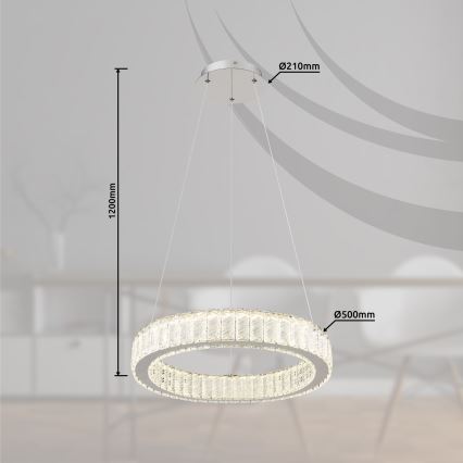 Krídlový lustr s priemerom 500 mm visí zo stropu na kábloch s dĺžkou 1200 mm. Horný kryt má priemer 210 mm. Lustro je osadené kryštálmi.