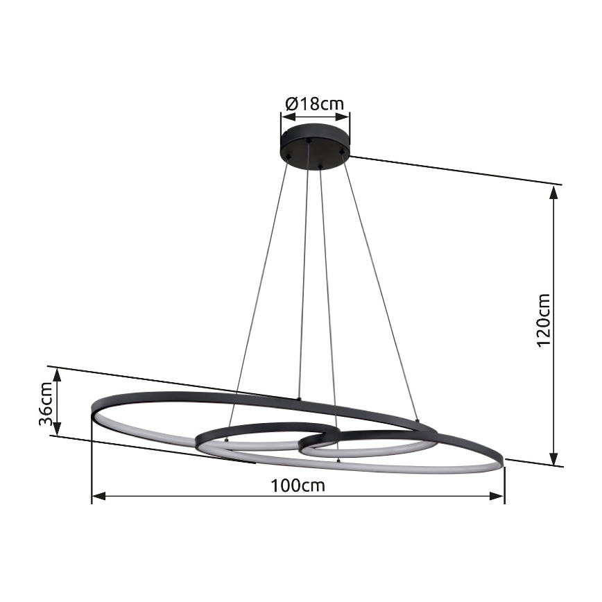 Trojitý kruhový závesný svietiaci objekt s priemerom 100 cm a výškou 120 cm visí zo stropu. Jeho horná časť má priemer 18 cm.
