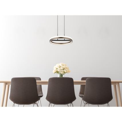 Kruhový závesný luster s LED osvetlením visí nad jedálenským stolom s hnedými stoličkami. Na stole je váza s bielymi ružami.