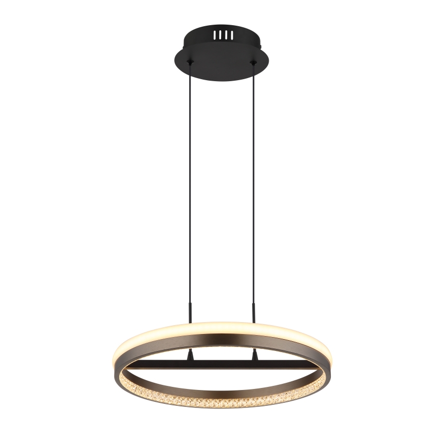 Kruhové LED svietidlo visí zo stropu na dvoch kábloch. Svietidlo má tmavý kovový rám s vnútorným osvetlením a ozdobným lemovaním. Stropný držiak je čierny a plochý.