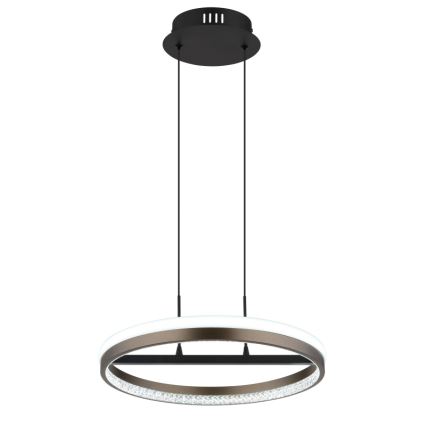 Svietidlo s kruhovým tvarom visí zo stropu na dvoch kábloch. Kruh je bronzovo-hnedej farby, obsahuje vnútorné LED osvetlenie a je ozdobený kryštálmi po obvode. Stropný držiak je čierny.