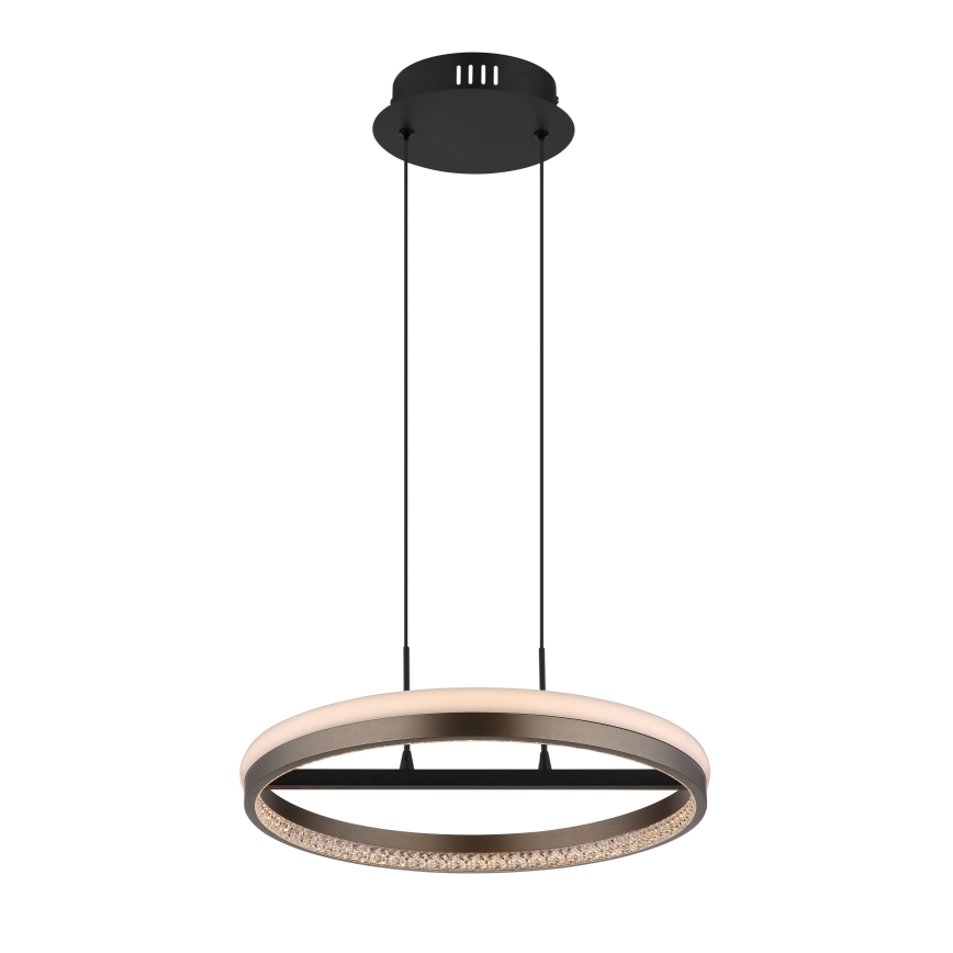 Svietidlo visí zo stropu na dvoch kábloch. Kruhový tvar svietidla je zložený z vonkajšieho bronzového rámu, vnútorného difúzora svetla a vnútorného kruhu malých svetiel. Stropná časť je čierna.