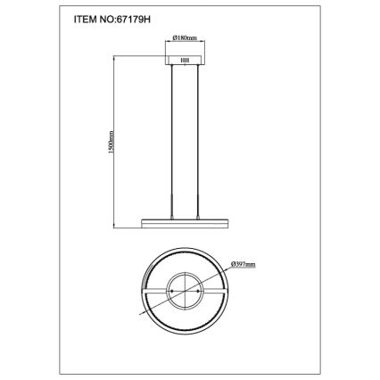 Závesné svietidlo s dvoma káblami visí zo štvorcového stropného úchytu. Svietidlo má kruhovú základňu s priemerom 397 mm a obdĺžnikový vrchný diel. ITEM NO: 67179H.