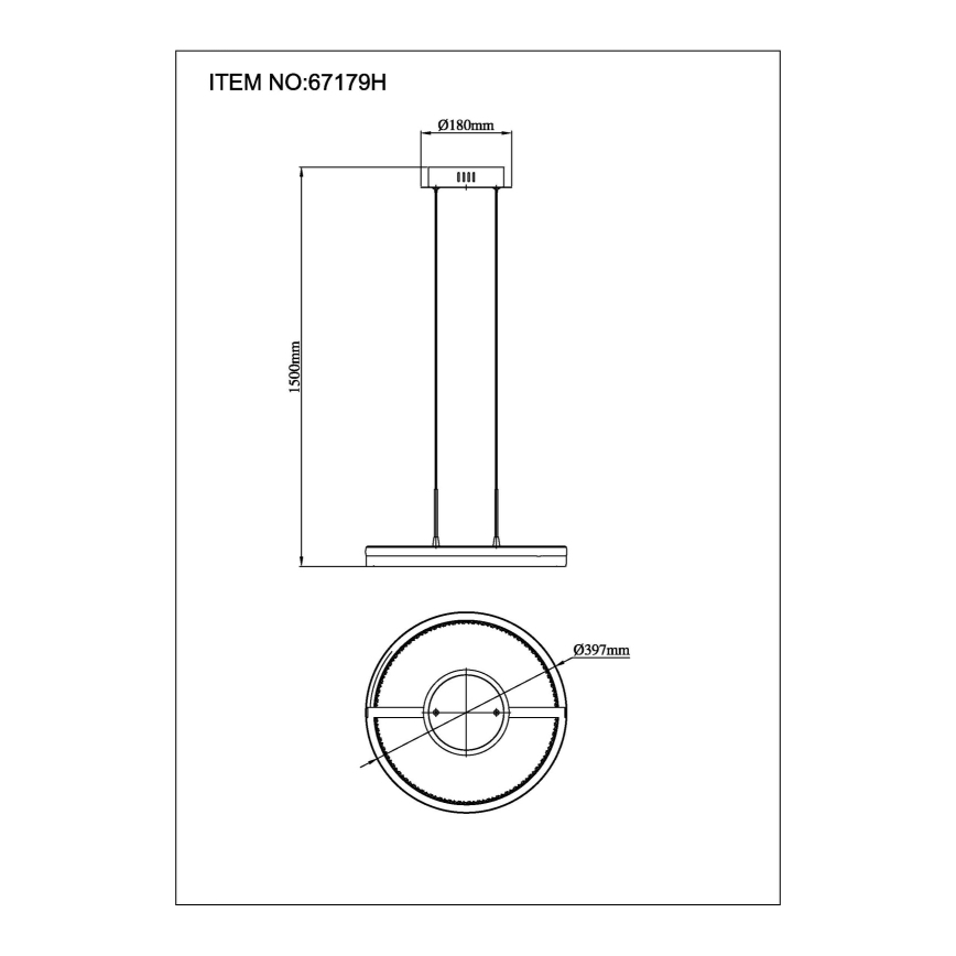 Závesné svietidlo s dvoma káblami visí zo štvorcového stropného úchytu. Svietidlo má kruhovú základňu s priemerom 397 mm a obdĺžnikový vrchný diel. ITEM NO: 67179H.