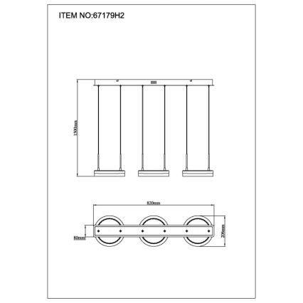 Technický výkres zobrazuje trojramenné závesné svietidlo. Svietidlo pozostáva z troch obdĺžnikových prvkov zavesených na kábloch z rovnej lišty. Podrobné rozmery sú: 1500mm (výška), 820mm (šírka), 80mm a 200mm (hĺbka). Kód výrobku je: ITEM NO: 67179H2.