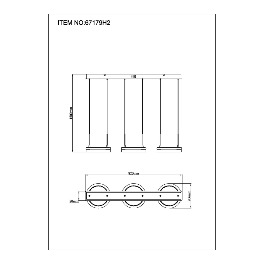 Technický výkres zobrazuje trojramenné závesné svietidlo. Svietidlo pozostáva z troch obdĺžnikových prvkov zavesených na kábloch z rovnej lišty. Podrobné rozmery sú: 1500mm (výška), 820mm (šírka), 80mm a 200mm (hĺbka). Kód výrobku je: ITEM NO: 67179H2.