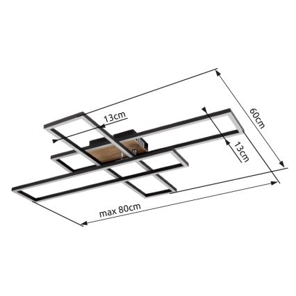 Svietidlo s čiernym rámom s dreveným prvkom je zobrazené zhora. Rám má rozmery 60 cm x max. 80 cm x 13 cm. Svietidlo je pripravené na montáž na strop.