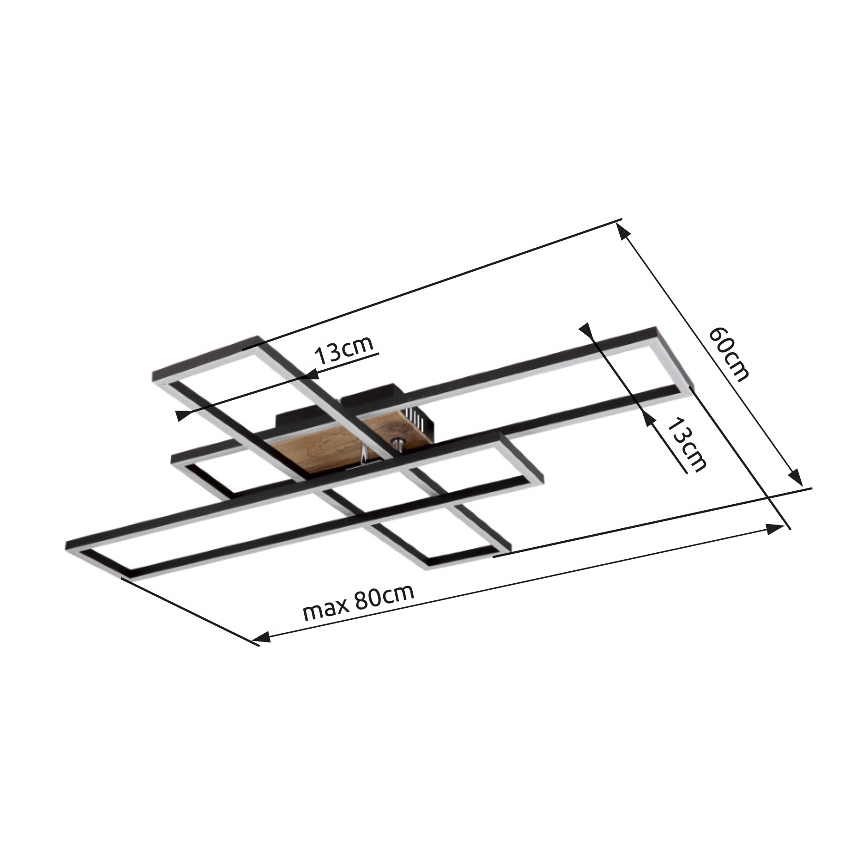 Svietidlo s čiernym rámom s dreveným prvkom je zobrazené zhora. Rám má rozmery 60 cm x max. 80 cm x 13 cm. Svietidlo je pripravené na montáž na strop.