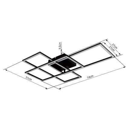 Stropné svietidlo s čiernym rámom a vnútorným LED osvetlením je zobrazené v perspektívnom náčrte. Rozmery: 74 cm x 51 cm, výška 9,5 cm, vnútorné štvorce 21 cm x 21 cm a 27 cm x 21 cm.