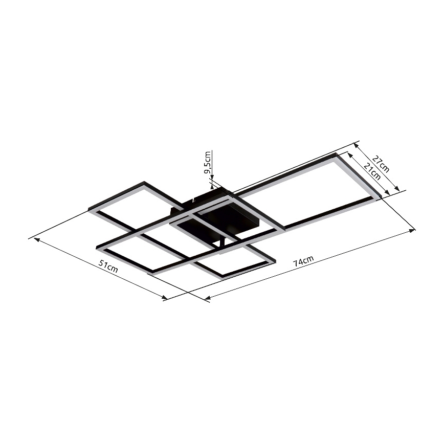 Stropné svietidlo s čiernym rámom a vnútorným LED osvetlením je zobrazené v perspektívnom náčrte. Rozmery: 74 cm x 51 cm, výška 9,5 cm, vnútorné štvorce 21 cm x 21 cm a 27 cm x 21 cm.