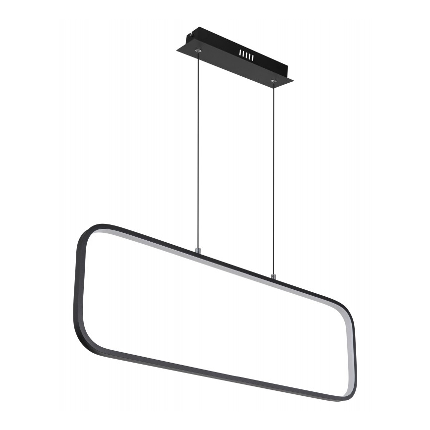 Dlhá obdĺžniková LED lampa visí zo stropu na dvoch kábloch. Je umiestnená na stropy v interiéri.