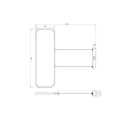 Zrkadlo s rozmermi 205x800 mm je zavesené na stene pomocou dvoch káblov, pričom rozmery celej konštrukcie sú 205x1200 mm. Súčasťou je aj malá nástenná skrinka s rozmermi 15x40 mm.