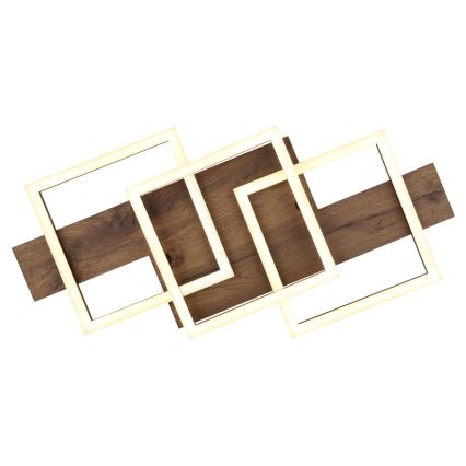 Svietidlo s LED osvetlením je pripevnené na drevenom podklade. Tri prepletené štvorcové rámy s LED diódami vytvárajú svetelný efekt. Drevený podklad je hnedý.