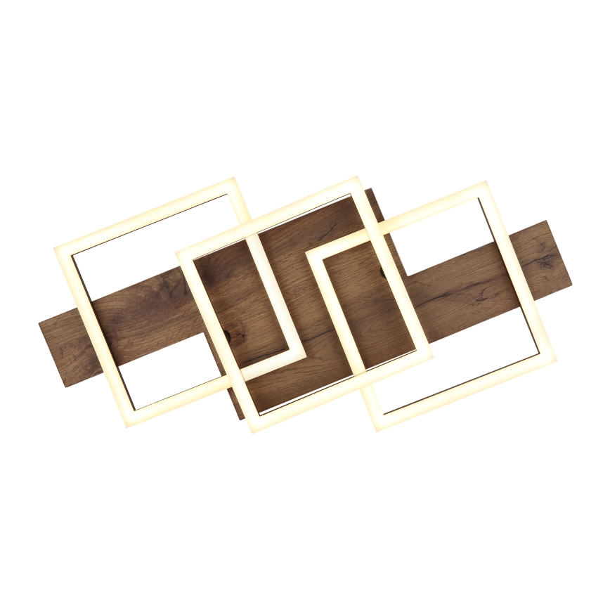 Svietidlo s LED osvetlením je pripevnené na drevenom podklade. Tri prepletené štvorcové rámy s LED diódami vytvárajú svetelný efekt. Drevený podklad je hnedý.