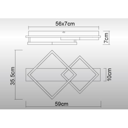 Technický výkres zobrazuje nástenné svietidlo s dvoma prekrývajúcimi sa kosoštvorcami. Svietidlo má rozmery 59 cm na šírku, 35,5 cm na výšku a 10 cm na hĺbku. Horná časť má rozmery 56x7 cm.