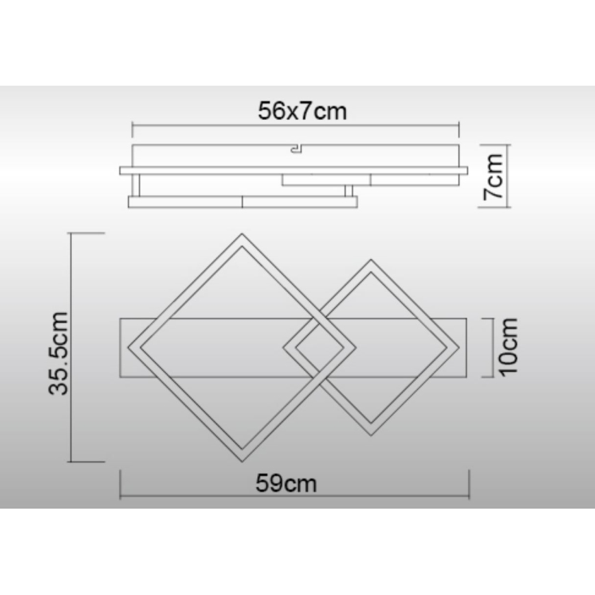 Technický výkres zobrazuje nástenné svietidlo s dvoma prekrývajúcimi sa kosoštvorcami. Svietidlo má rozmery 59 cm na šírku, 35,5 cm na výšku a 10 cm na hĺbku. Horná časť má rozmery 56x7 cm.