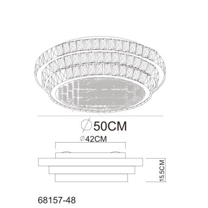 Technický nákres stropného svietidla s priemerom 50 cm a výškou 15,5 cm. Svietidlo má dvojvrstvový dizajn s mnohými malými svetlami. Kód produktu: 68157-48.