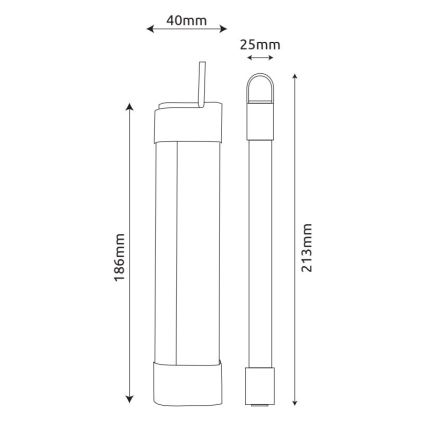 Dve tenké valcovité svietidlá sú zobrazené vedľa seba s rozmermi: 186mm x 40mm a 213mm x 25mm. Jedno je zabalené, druhé nie.