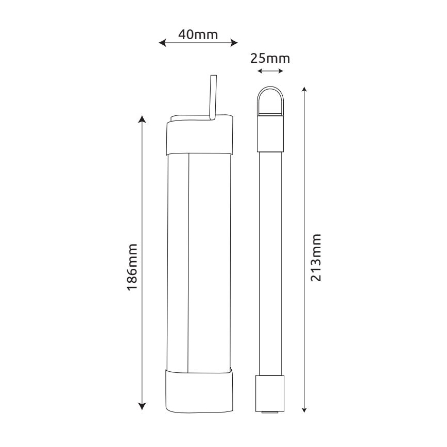 Dve tenké valcovité svietidlá sú zobrazené vedľa seba s rozmermi: 186mm x 40mm a 213mm x 25mm. Jedno je zabalené, druhé nie.