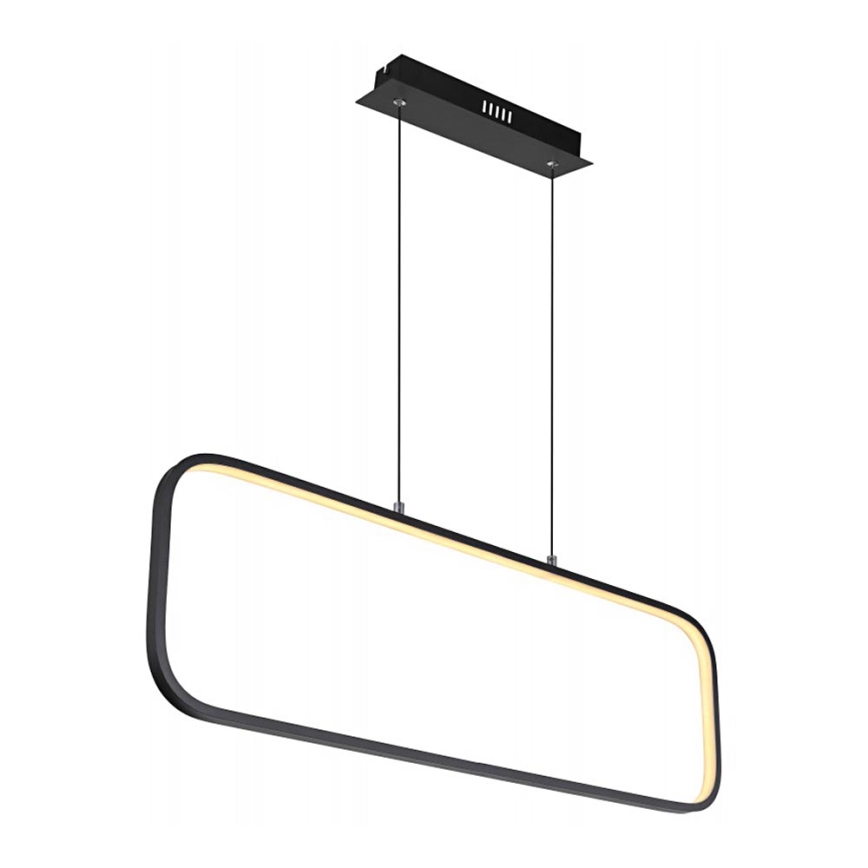 Dlhá obdĺžniková LED lampa visí zo stropu na dvoch kábloch. Je čierna s jemným vnútorným osvetlením.