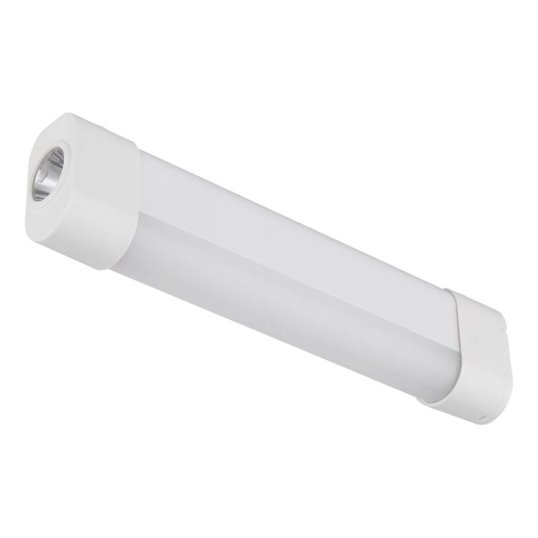 Dlhá biela LED lampa s priehľadnou časťou v strede je zobrazená na bielom pozadí. Lampa je mierne naklonená. Na jednom konci je viditeľný malý otvor, pravdepodobne zdroj svetla.