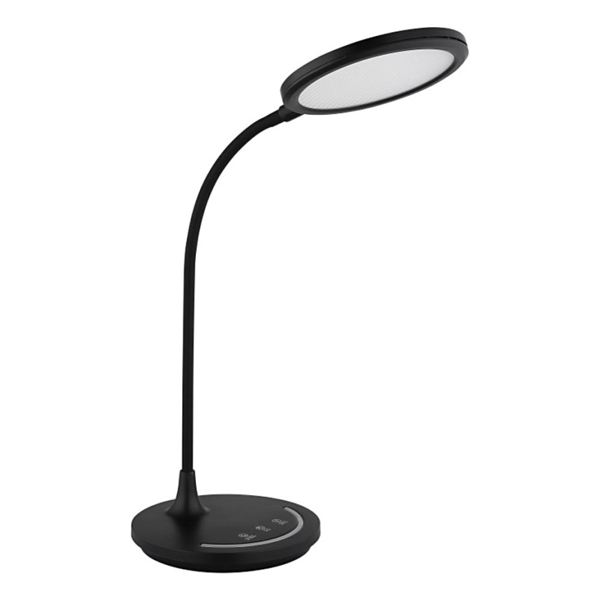 Čierna stolová lampa s okrúhlou LED hlavou svieti. Lampa má flexibilné rameno a kruhovú základňu s ovládaním jasu (HIGH, MID, LOW). Biela je pozadie.