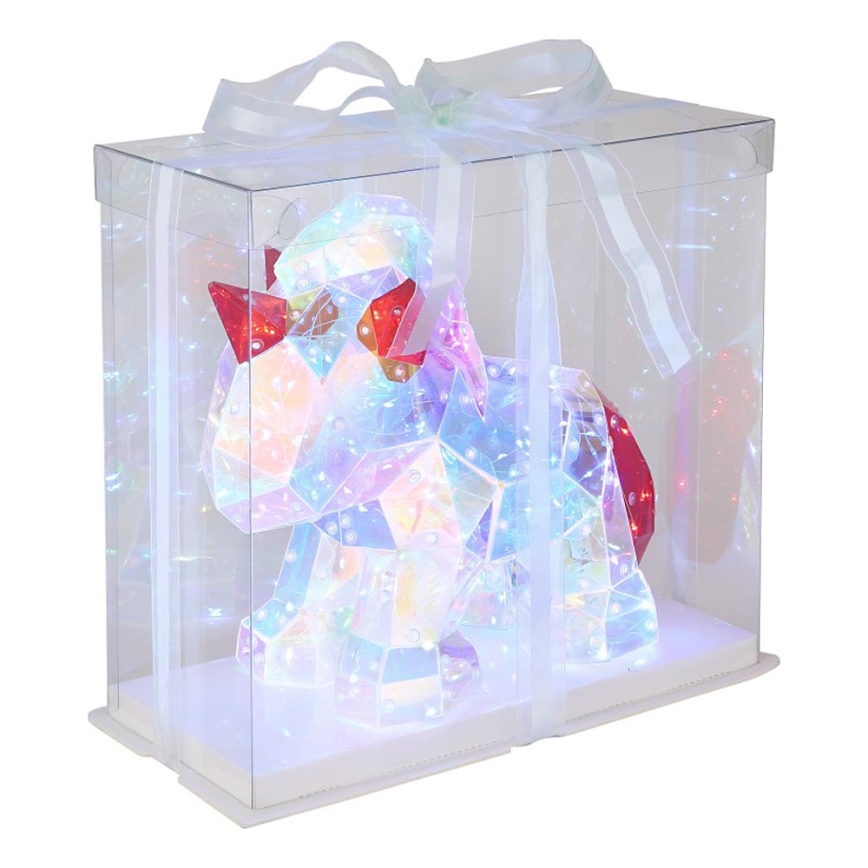 Svetielkujúci jednorožec z polygónových prvkov, s červenými detailmi na hlave a chvoste, je umiestnený v priehľadnej darčekovej krabičke zviazanej bielou stuhou. Svieti vnútorným svetlom.