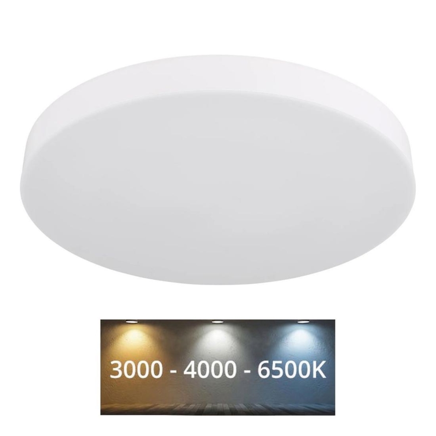Biela kruhová stropná lampa je zobrazená na bielom pozadí. Lampa je plochá a má matný povrch. Nie je viditeľné žiadne osvetlenie.