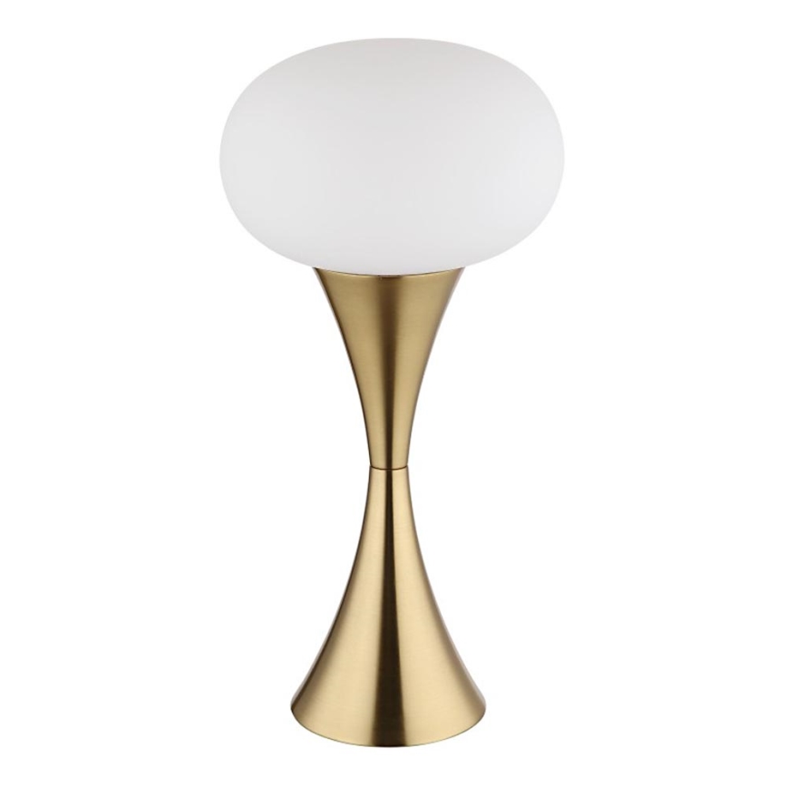 Stolová lampa s bielym guľovitým tienidlom a zlatou kovovou základňou v tvare presýpacích hodín svieti. Na bielom pozadí.