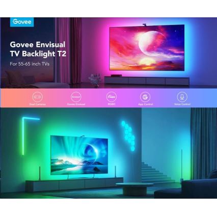 Podsvietenie televízora Govee Envisual TV Backlight T2 pre televízory s uhlopriečkou 55-65 palcov s farebnými LED pásmi osvetľuje televízor v obývacej izbe. Ponúka ovládanie cez aplikáciu a hlasom, RGBIC a duálne kamery.