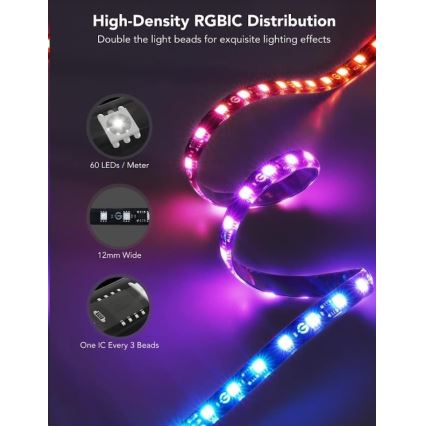 LED pásik s vysokou hustotou RGBIC diódy sa vinie. Obsahuje 60 LED na meter, šírka je 12 mm, jeden integrovaný obvod na každých 3 diódy. Vytvára farebné svetelné efekty.
