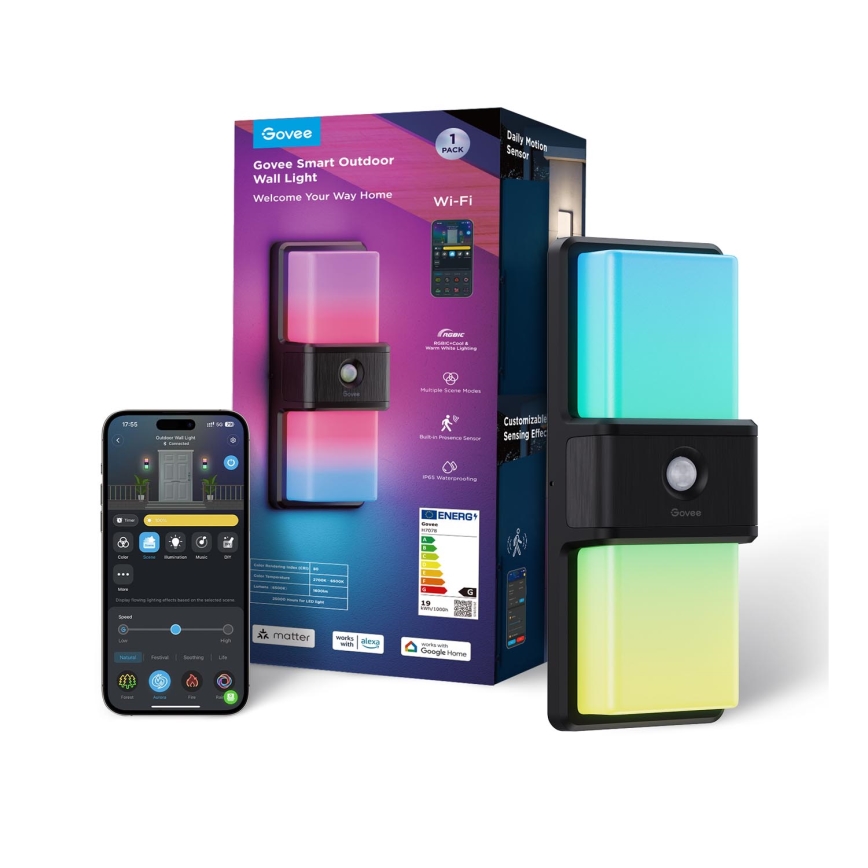 Govee - LED RGBIC Stmievateľné vonkajšie nástenné svietidlo so senzorom LED/230V IP65 2700-6500K Wi-Fi