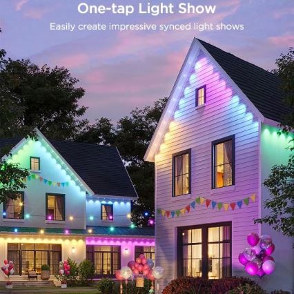Dva domy sú osvetlené farebnými LED svetlami. Svetlá vytvárajú synchronizované svetelné show. Kontext: vonkajšie prostredie, súmrak, balóny. Text: One-tap Light Show. Easily create impressive synced light shows.