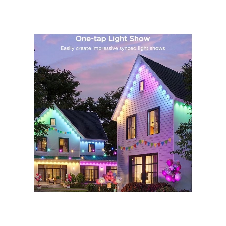 Dva domy sú osvetlené farebnými LED svetlami. Svetlá vytvárajú synchronizované svetelné show. Kontext: vonkajšie prostredie, súmrak, balóny. Text: One-tap Light Show. Easily create impressive synced light shows.