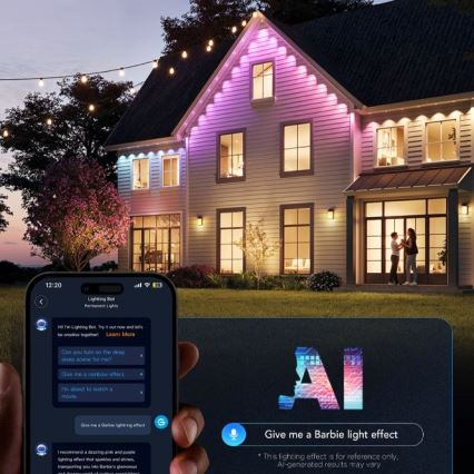 Mobilný telefón ovláda farebné osvetlenie domu. Na displeji je konverzácia s umelou inteligenciou o nastavení svetelných efektov, vrátane Barbie lighting effect. Dom je osvetlený ružovo-fialovým svetlom.
