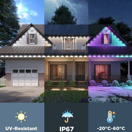 Rodinný dom osvetlený LED pásikmi, odolnými voči UV žiareniu, vode (IP67) a teplotám od -20°C do 60°C. Pásik je umiestnený pod strechou domu. Tri obrázky znázorňujú dom za slnečného počasia, počas búrky a v zime.