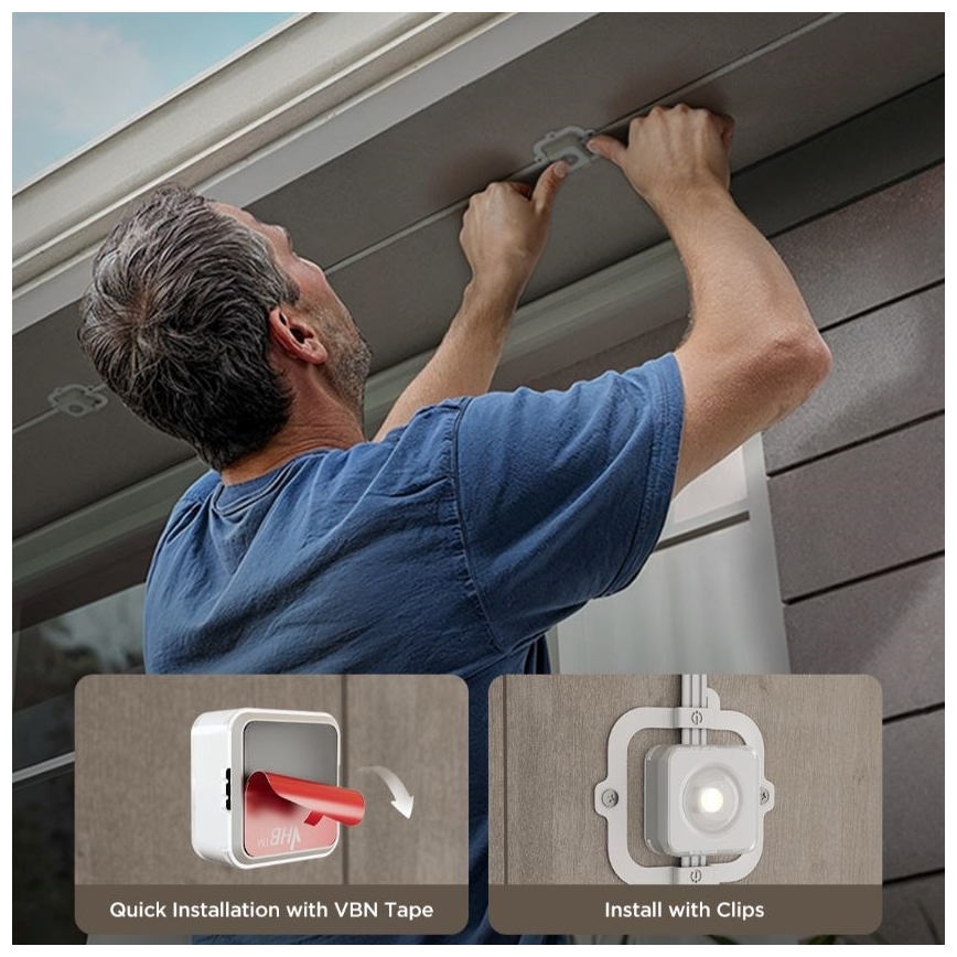 Muž montuje malú bielu skrinku pod strechu domu. Používa lepiacu pásku alebo spony. Text pod obrázkom uvádza: Quick Installation with VBN Tape a Install with Clips.