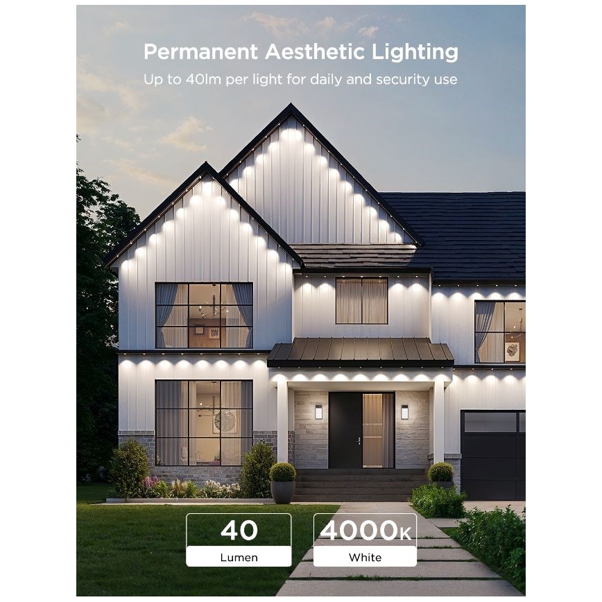 Dvojposchodový dom je osvetlený mnohými vonkajšími svetlami. Svetlá sú umiestnené pozdĺž strechy a stien. Text uvádza: „Permanent Aesthetic Lighting“, „Up to 40lm per light for daily and security use“, „40 Lumen“, „4000K White“.