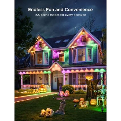 Rodinný dom je osvetlený farebnými LED svetlami. Svetlá vytvárajú rôzne farebné efekty. Na dvore sú halloweenske dekorácie. Nekonečná zábava a pohodlie. 100 režimov pre každú príležitosť.