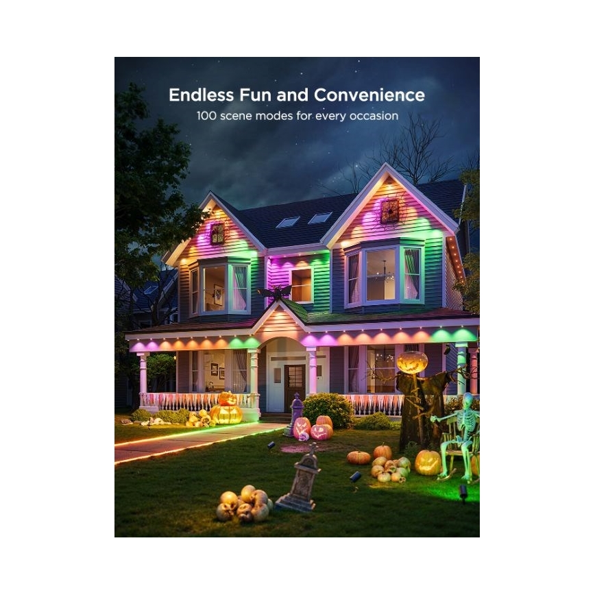 Rodinný dom je osvetlený farebnými LED svetlami. Svetlá vytvárajú rôzne farebné efekty. Na dvore sú halloweenske dekorácie. Nekonečná zábava a pohodlie. 100 režimov pre každú príležitosť.