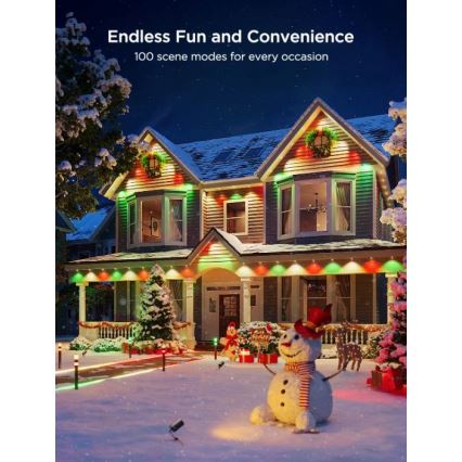 Rodinný dom osvetlený farebnými LED svetlami v exteriéri. Svetlá sú umiestnené na streche, stenách a chodníku. Snehová krajina dopĺňa vianočnú atmosféru. Text: Nekonečná zábava a pohodlie, 100 svetelných režimov pre každú príležitosť.