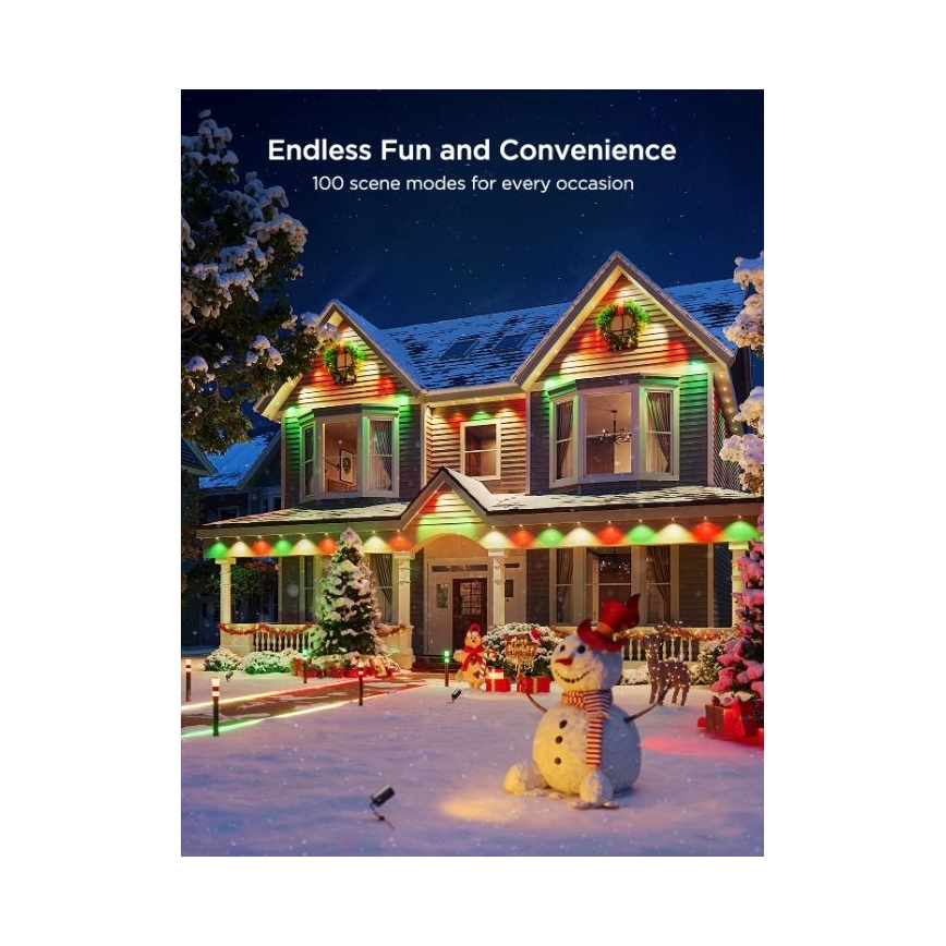Rodinný dom osvetlený farebnými LED svetlami v exteriéri. Svetlá sú umiestnené na streche, stenách a chodníku. Snehová krajina dopĺňa vianočnú atmosféru. Text: Nekonečná zábava a pohodlie, 100 svetelných režimov pre každú príležitosť.