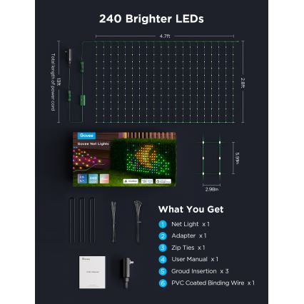 Govee - LED RGBIC Vonkajšia svetelná sieť 143x85cm Wi-Fi Matter IP65
